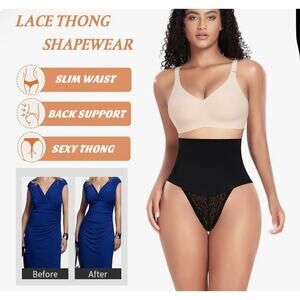 Women Black Tummy Control Thong Shapewear High Waist Girdle Lace Underwear